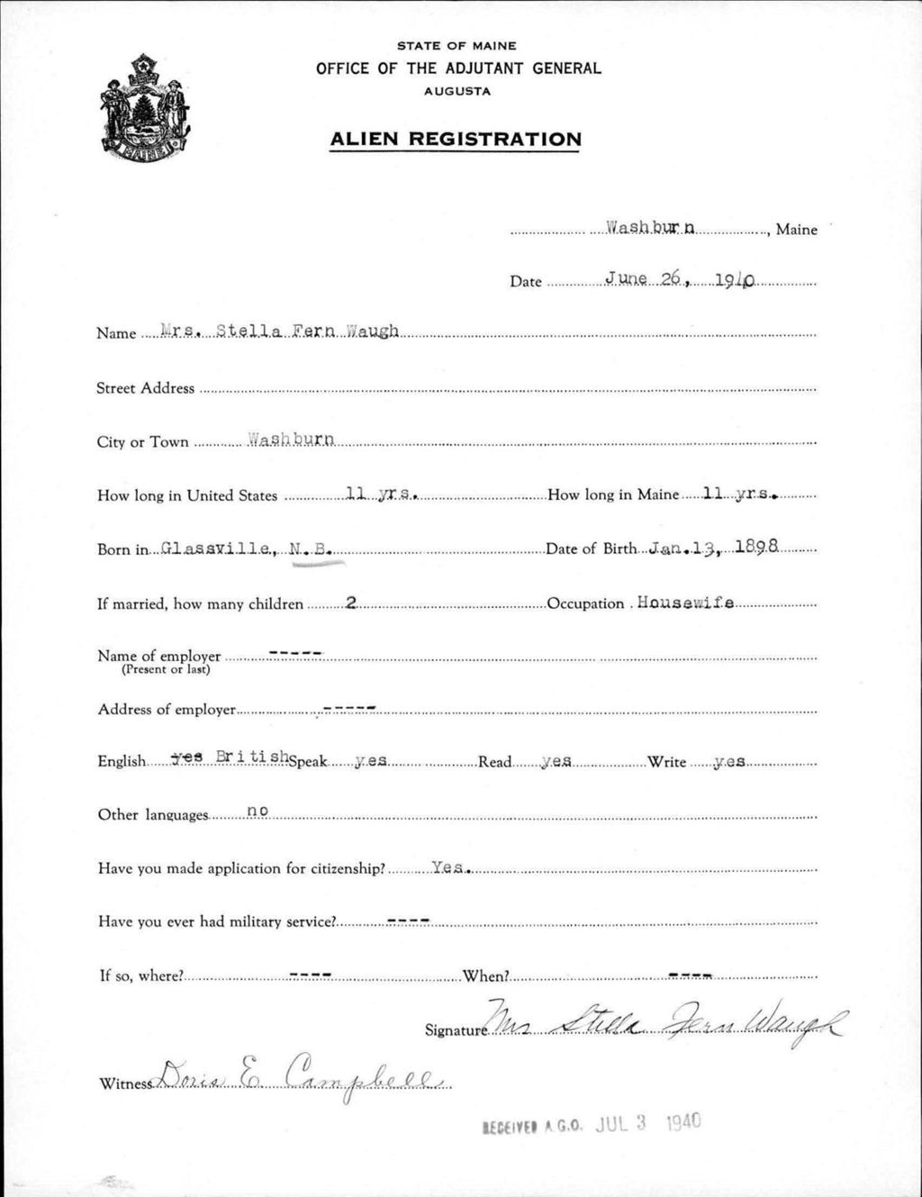 Miniature of Alien Registration- Waugh, Stella F. (Wade, Aroostook County)
