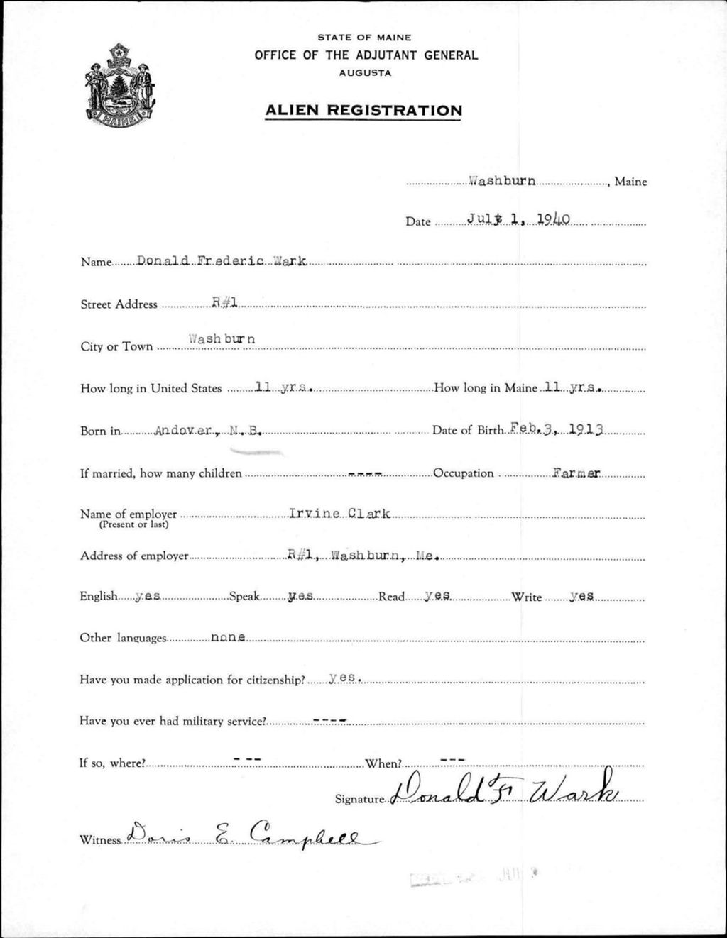 Miniature of Alien Registration- Wark, Donald F. (Wade, Aroostook County)
