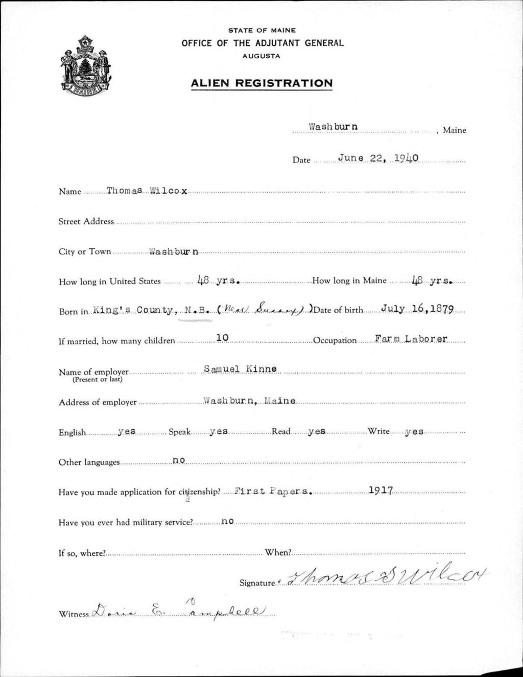 Miniature of Alien Registration- Wilcox, Thomas (Wade, Aroostook County)