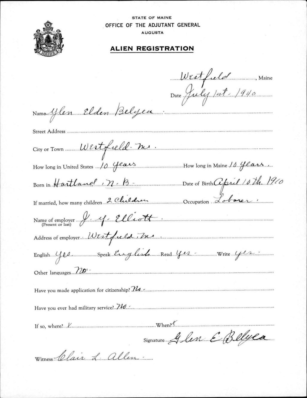 Miniature of Alien Registration- Belyea, Glen E. (Wade, Aroostook County)
