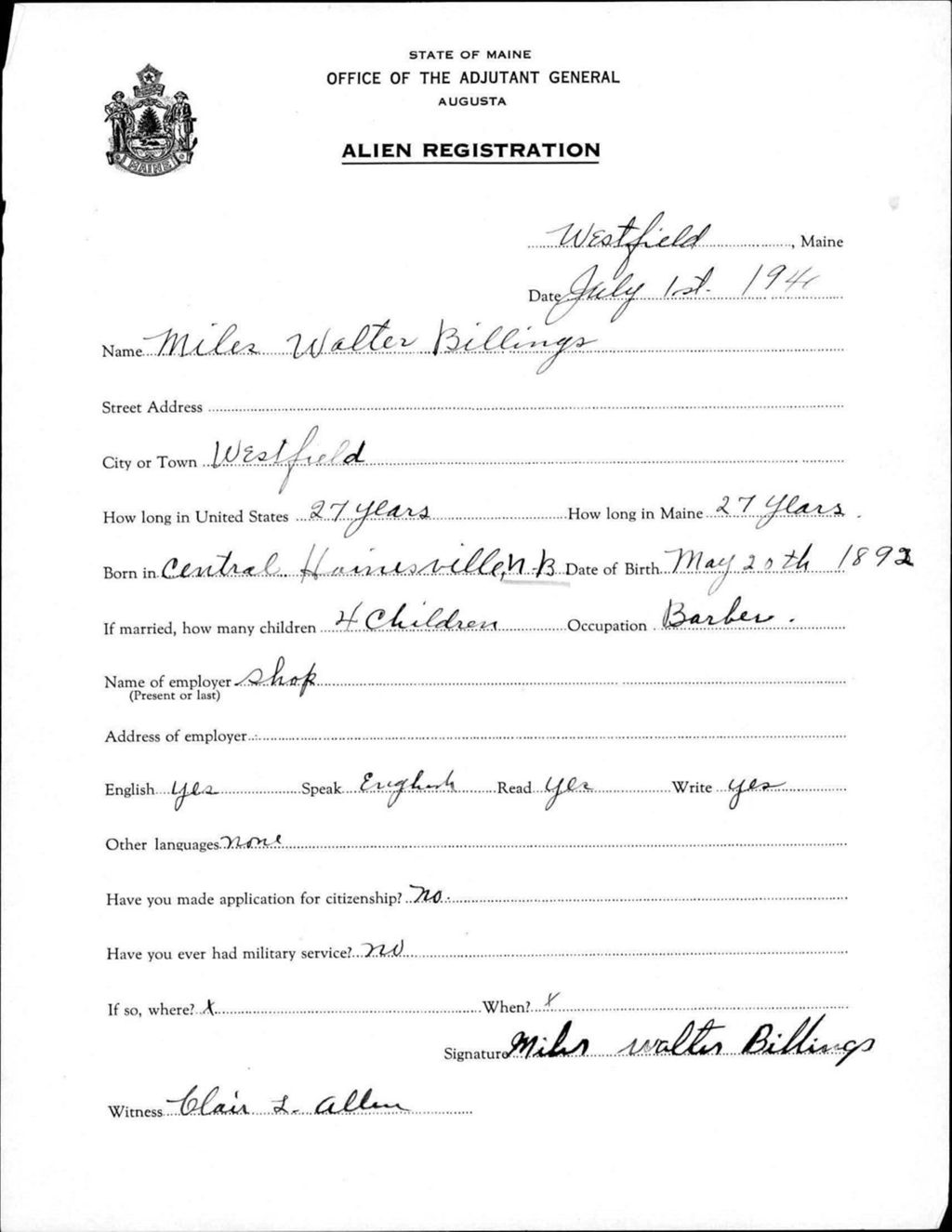 Miniature of Alien Registration- Billings, Miles W. (Wade, Aroostook County)