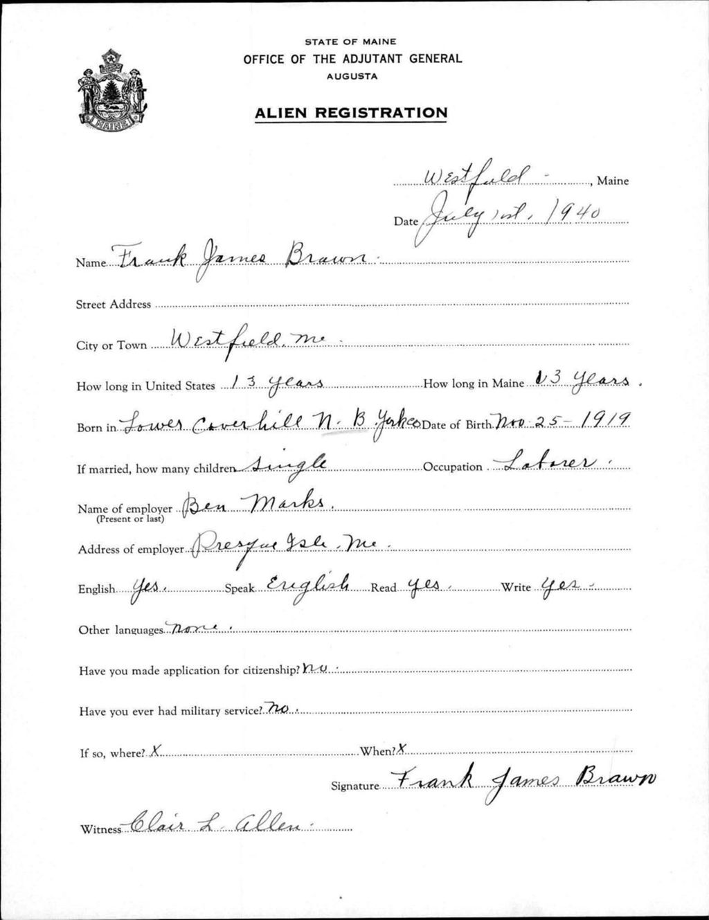 Miniature of Alien Registration- Brawn, Frank J. (Wade, Aroostook County)
