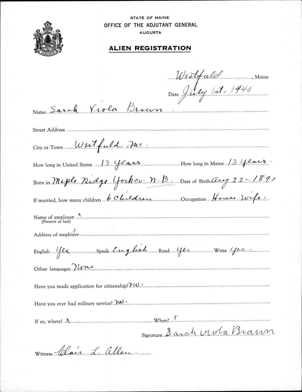 Miniature of Alien Registration- Brawn, Sarah V. (Wade, Aroostook County)