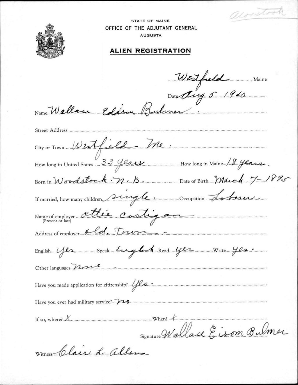 Miniature of Alien Registration- Bulmer, Wallace E. (Wade, Aroostook County)