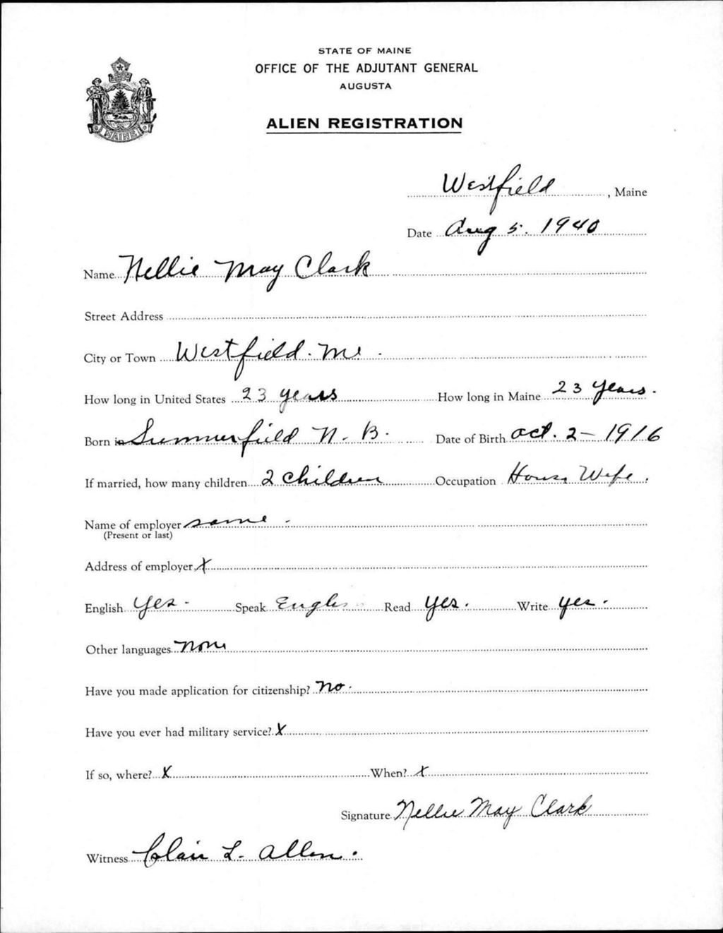 Miniature of Alien Registration- Clark, Nellie M. (Wade, Aroostook County)