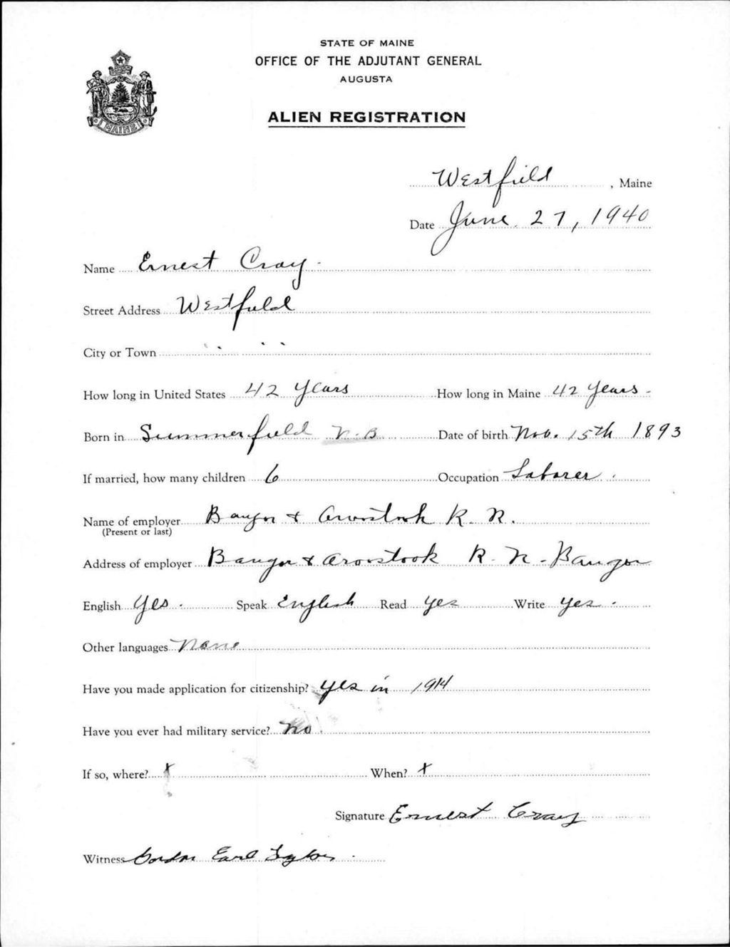 Miniature of Alien Registration- Cray, Ernest (Wade, Aroostook County)