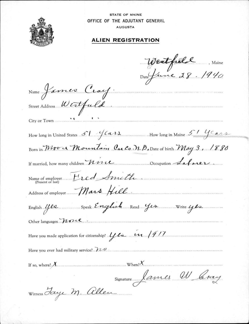 Miniature of Alien Registration- Cray, James (Wade, Aroostook County)