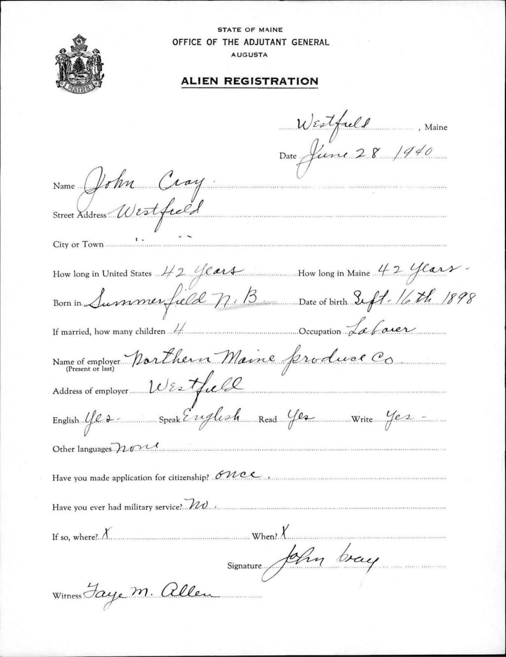 Miniature of Alien Registration- Cray, John (Wade, Aroostook County)