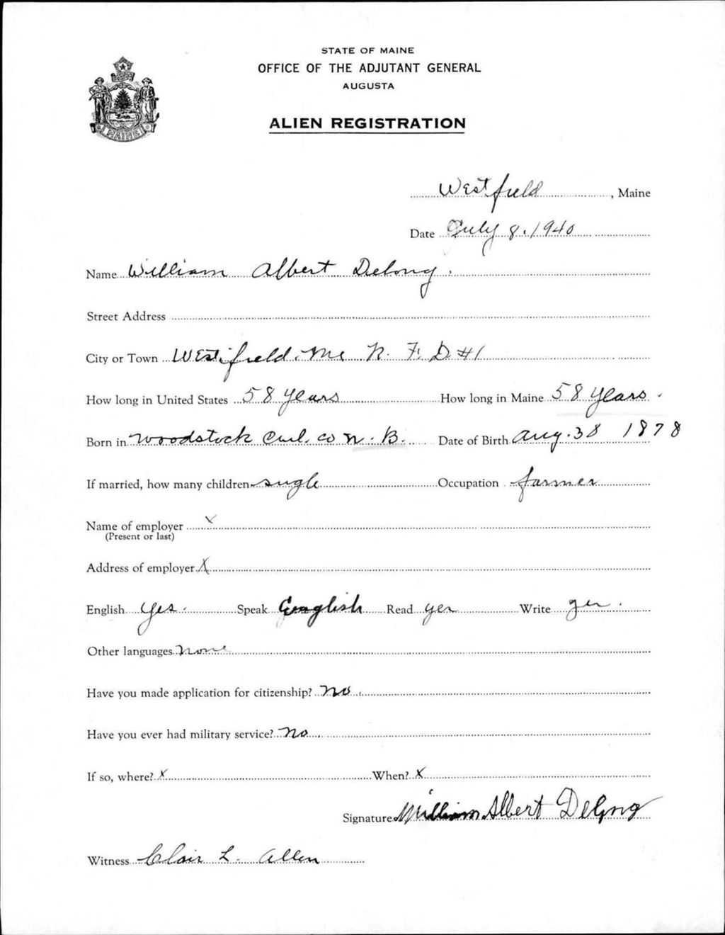 Miniature of Alien Registration- Delong, William A. (Wade, Aroostook County)