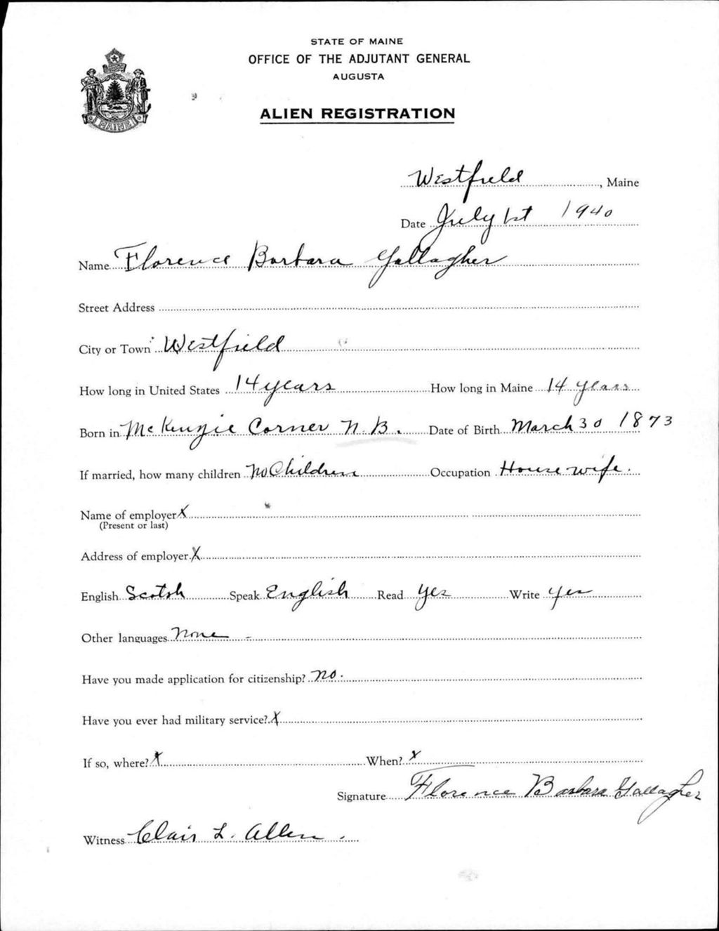 Miniature of Alien Registration- Gallagher, Florence B. (Wade, Aroostook County)