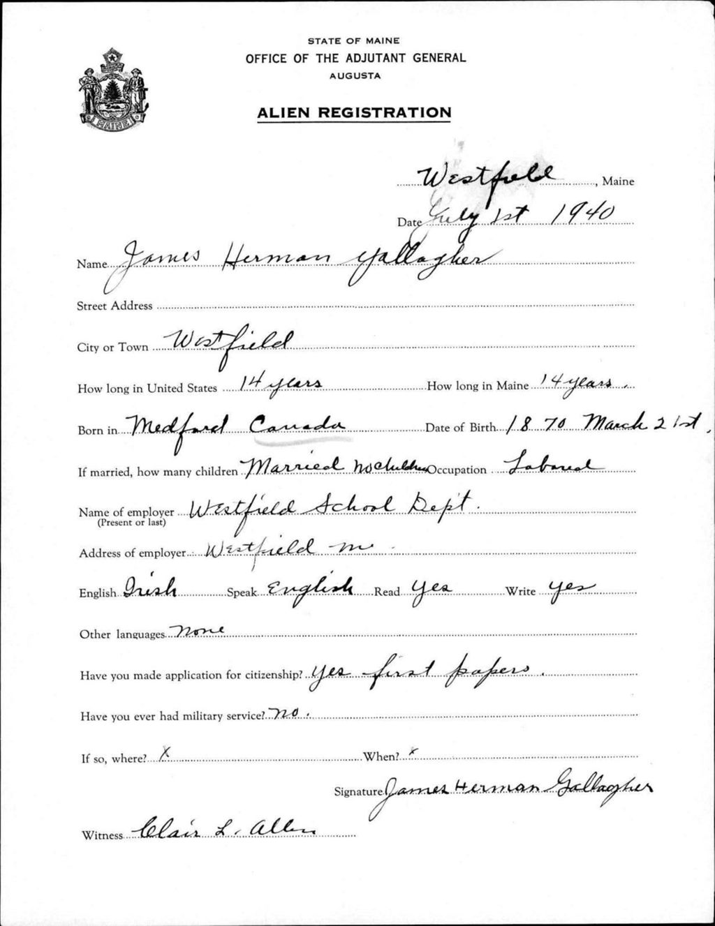 Miniature of Alien Registration- Gallagher, James H. (Wade, Aroostook County)