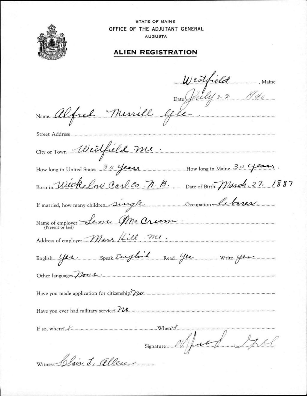 Miniature of Alien Registration- Gee, Alfred M. (Wade, Aroostook County)