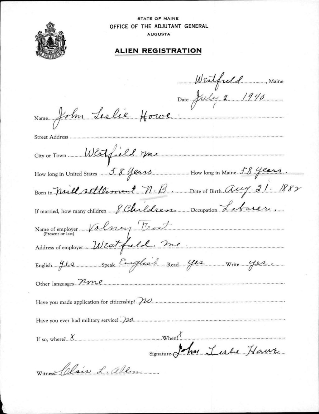 Miniature of Alien Registration- Howe, John L. (Wade, Aroostook County)