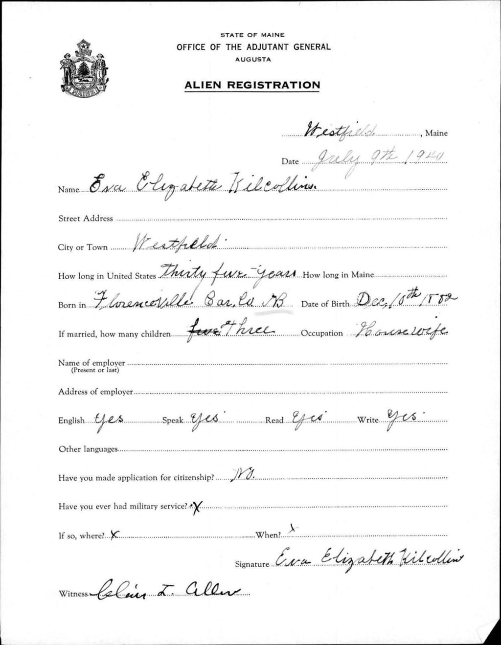 Miniature of Alien Registration- Kilcollins, Eva E. (Wade, Aroostook County)