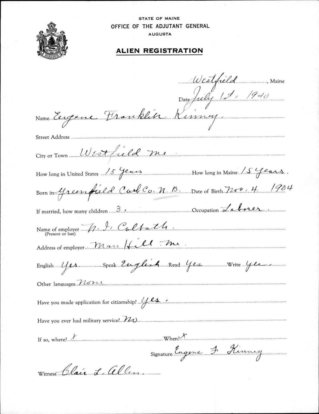 Miniature of Alien Registration- Kinney, Eugene F. (Wade, Aroostook County)