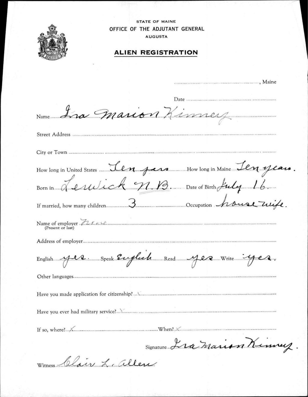 Miniature of Alien Registration- Kinney, Iva M. (Wade, Aroostook County)