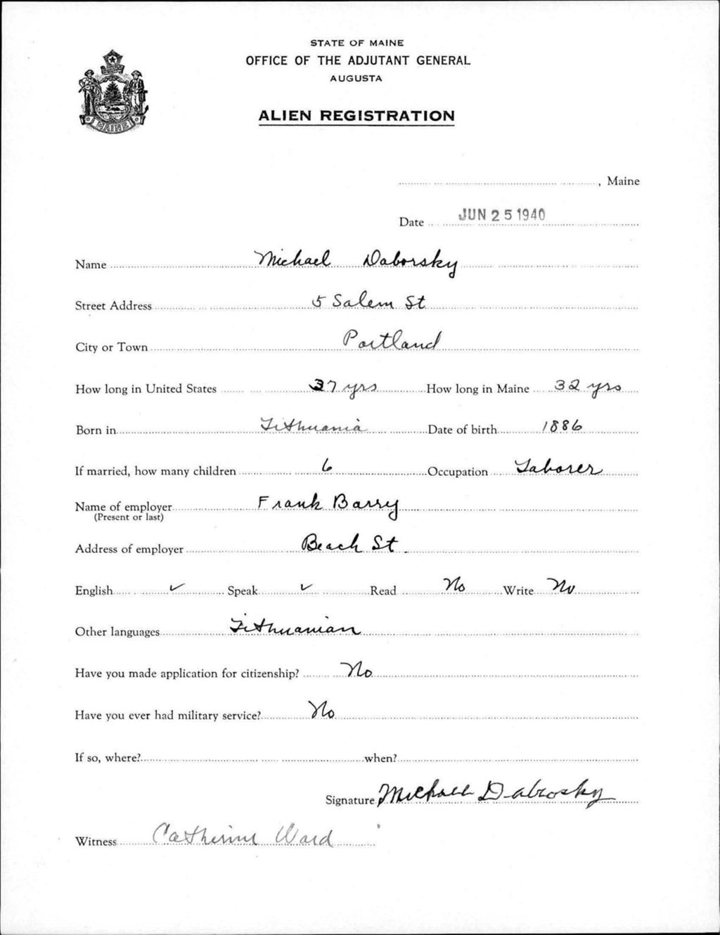 Miniature of Alien Registration- Daborsky, Michael (Portland, Cumberland County)