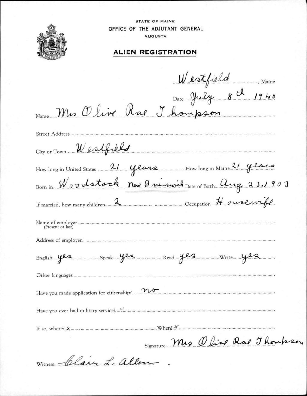 Miniature of Alien Registration- Thompson, Olive R. (Wade, Aroostook County)
