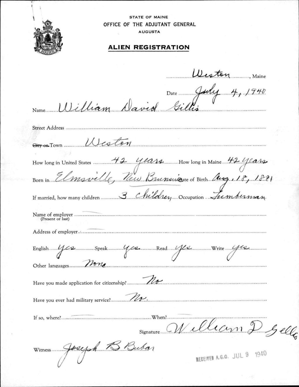 Miniature of Alien Registration- Gillis, William D. (Weston, Aroostook County)