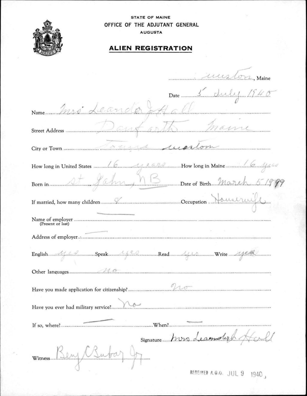 Miniature of Alien Registration- Hall, Leander J. (Wade, Aroostook County)