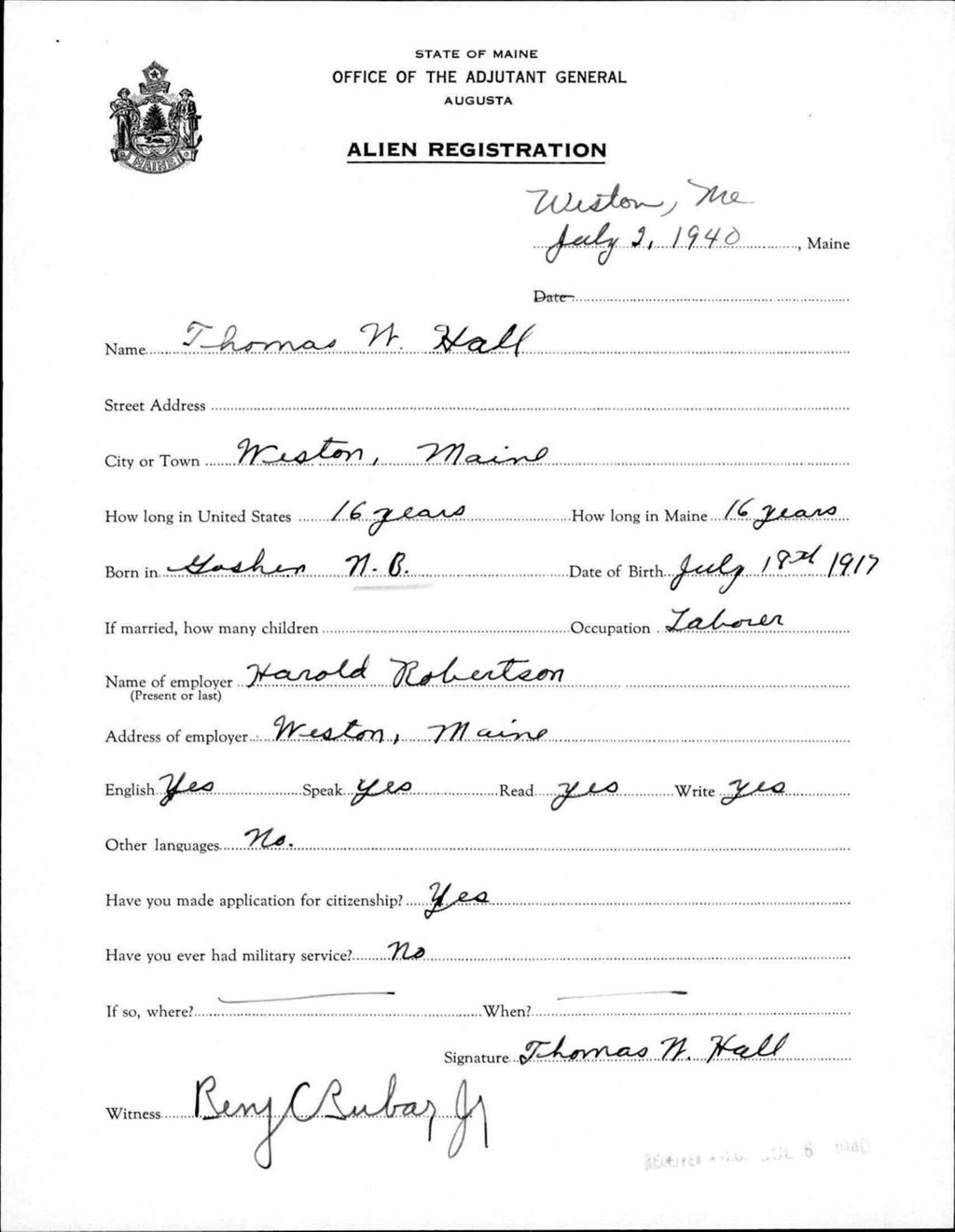 Miniature of Alien Registration- Hall, Thomas W. (Wade, Aroostook County)