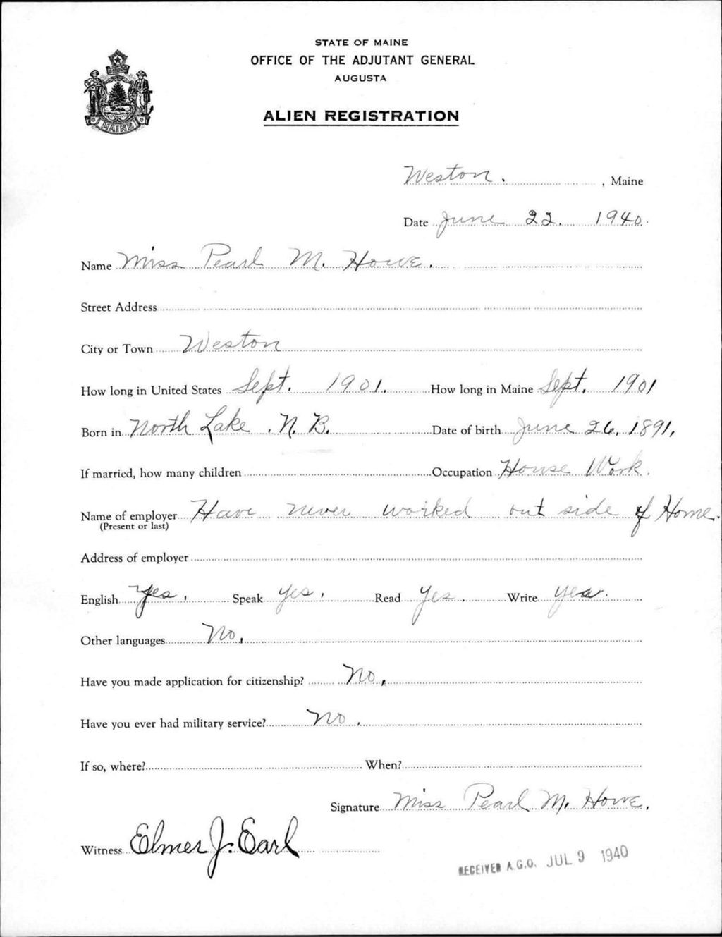 Miniature of Alien Registration- Howe, Pearl M. (Wade, Aroostook County)