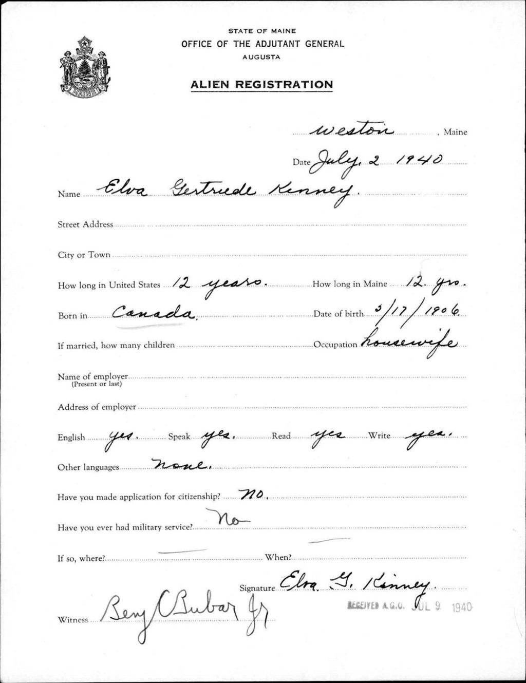 Miniature of Alien Registration- Kinney, Elva G. (Wade, Aroostook County)