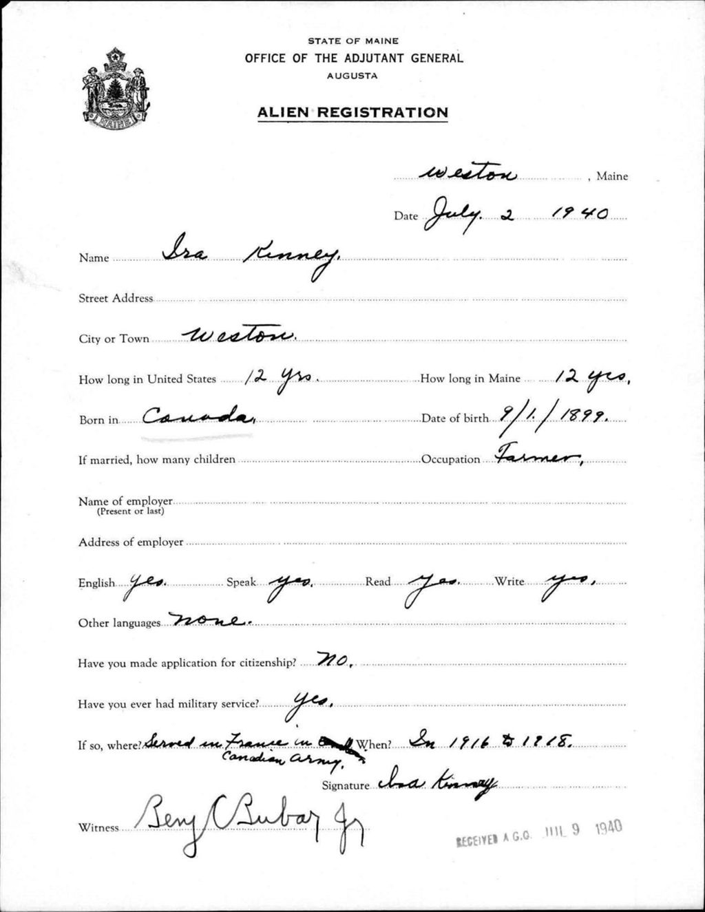 Miniature of Alien Registration- Kinney, Ira (Wade, Aroostook County)