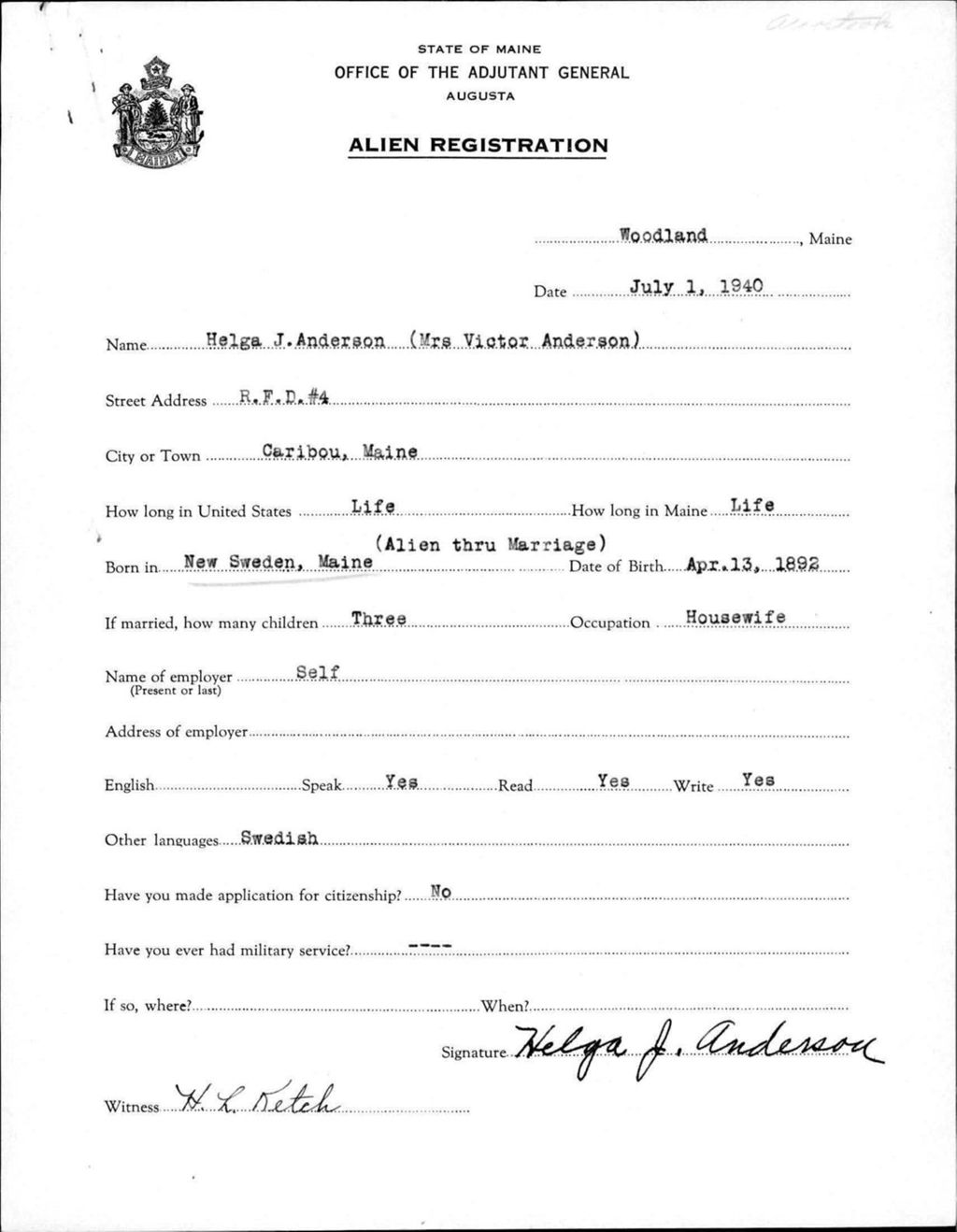Miniature of Alien Registration- Anderson, Helga J. (Woodland, Aroostook County)