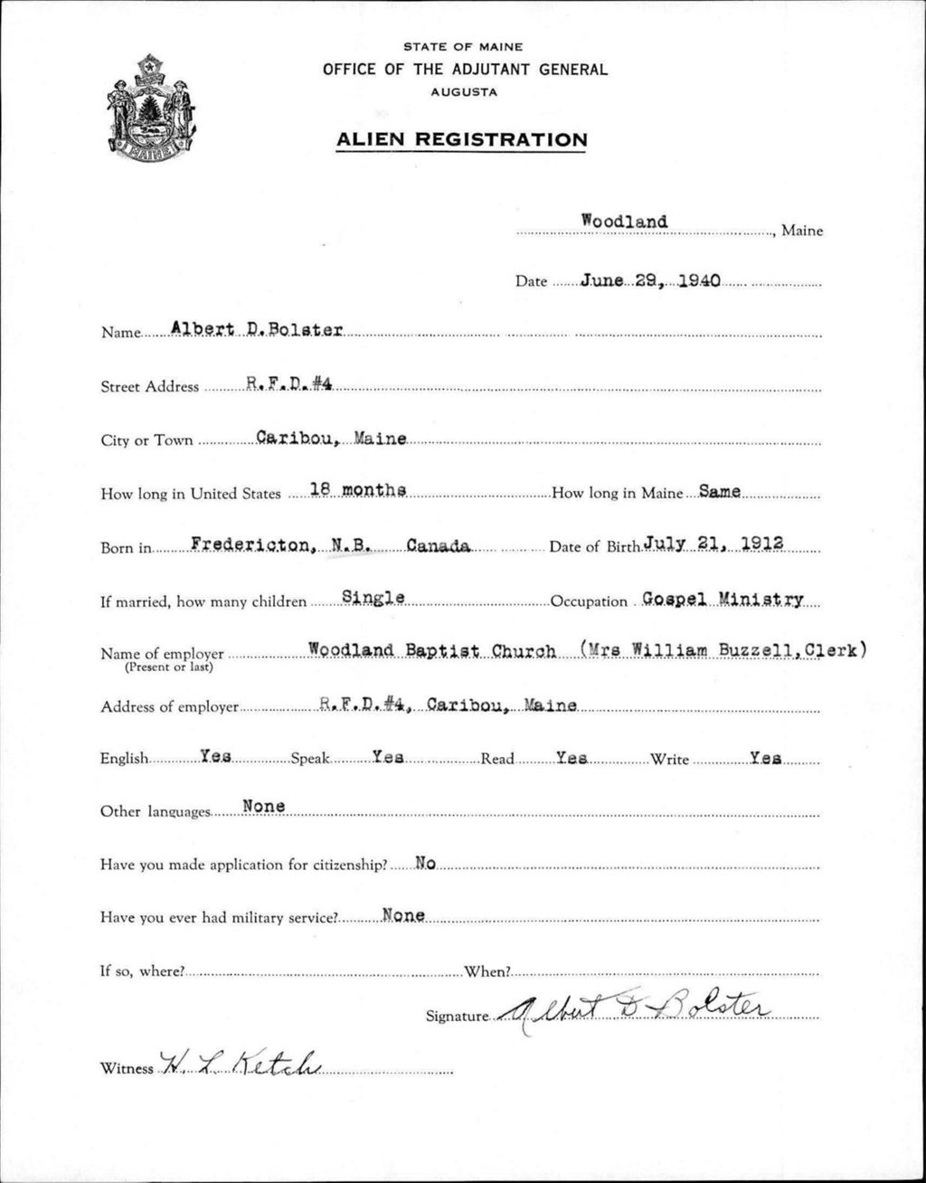 Miniature of Alien Registration- Bolster, Albert D. (Wade, Aroostook County)