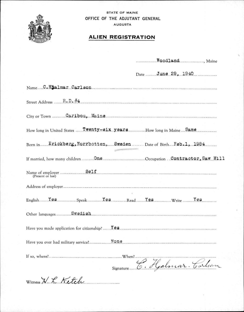 Miniature of Alien Registration- Carlson, C Halmar (Wade, Aroostook County)
