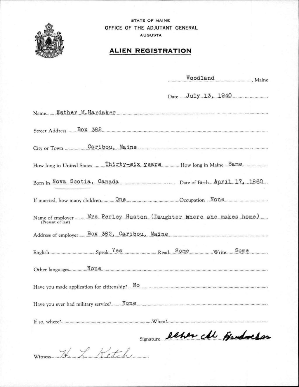 Miniature of Alien Registration- Hardaker, Esther M. (Wade, Aroostook County)