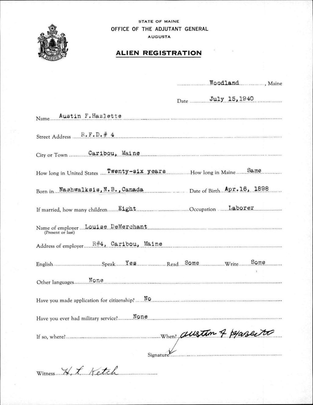 Miniature of Alien Registration- Hazlette, Austin F. (Wade, Aroostook County)
