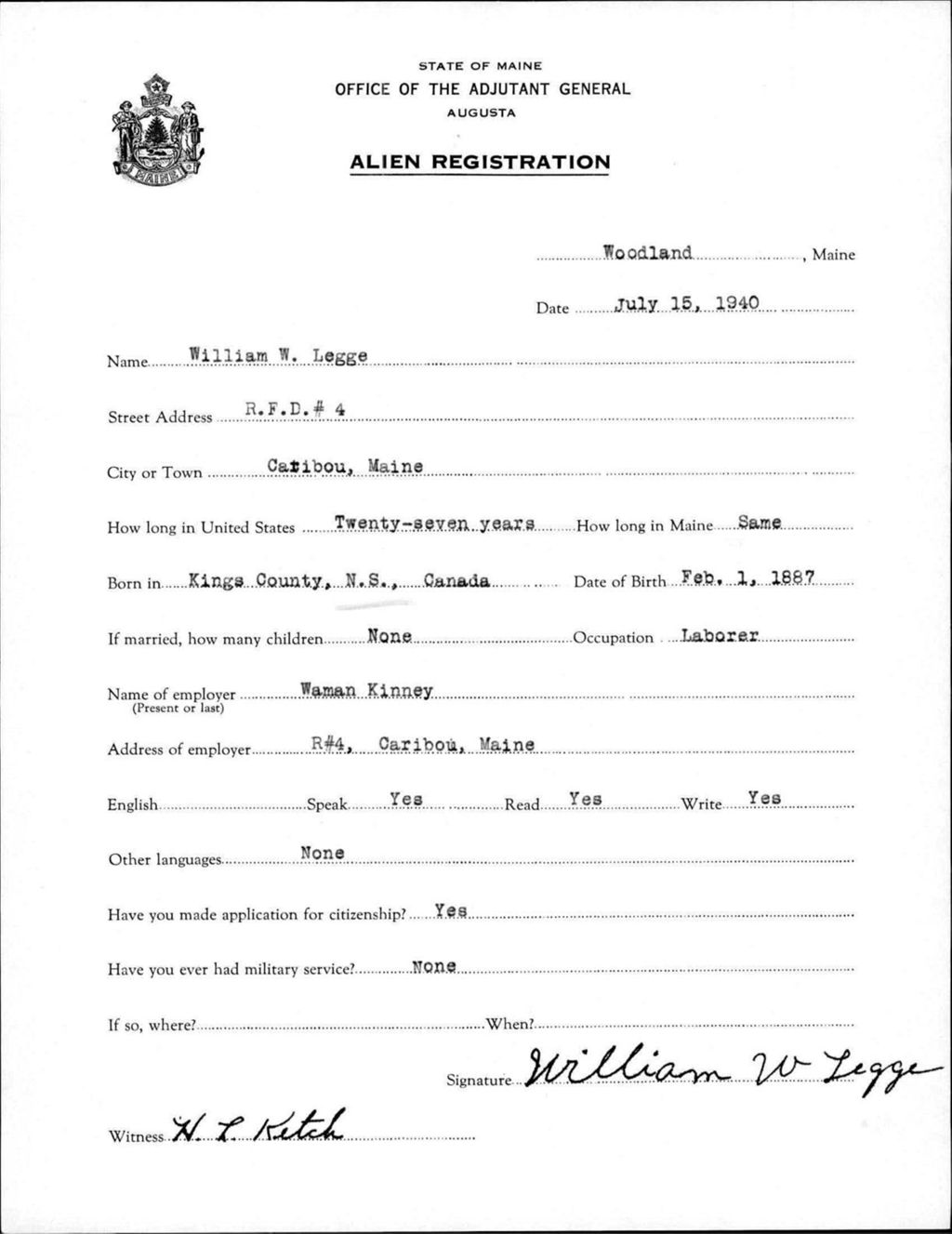 Miniature of Alien Registration- Legge, William W. (Wade, Aroostook County)