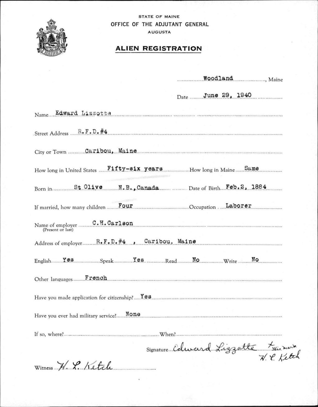 Miniature of Alien Registration- Lizzotte, Edward (Wade, Aroostook County)