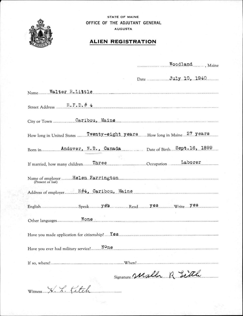 Miniature of Alien Registration- Little, Walter R. (Wade, Aroostook County)