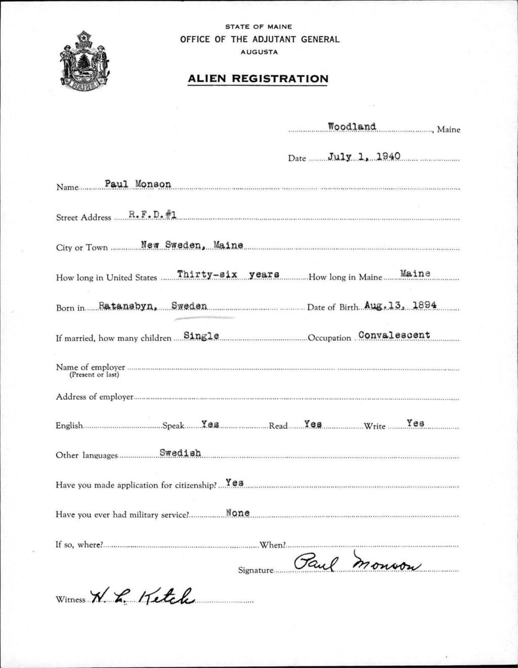 Miniature of Alien Registration- Monson, Paul (Wade, Aroostook County)