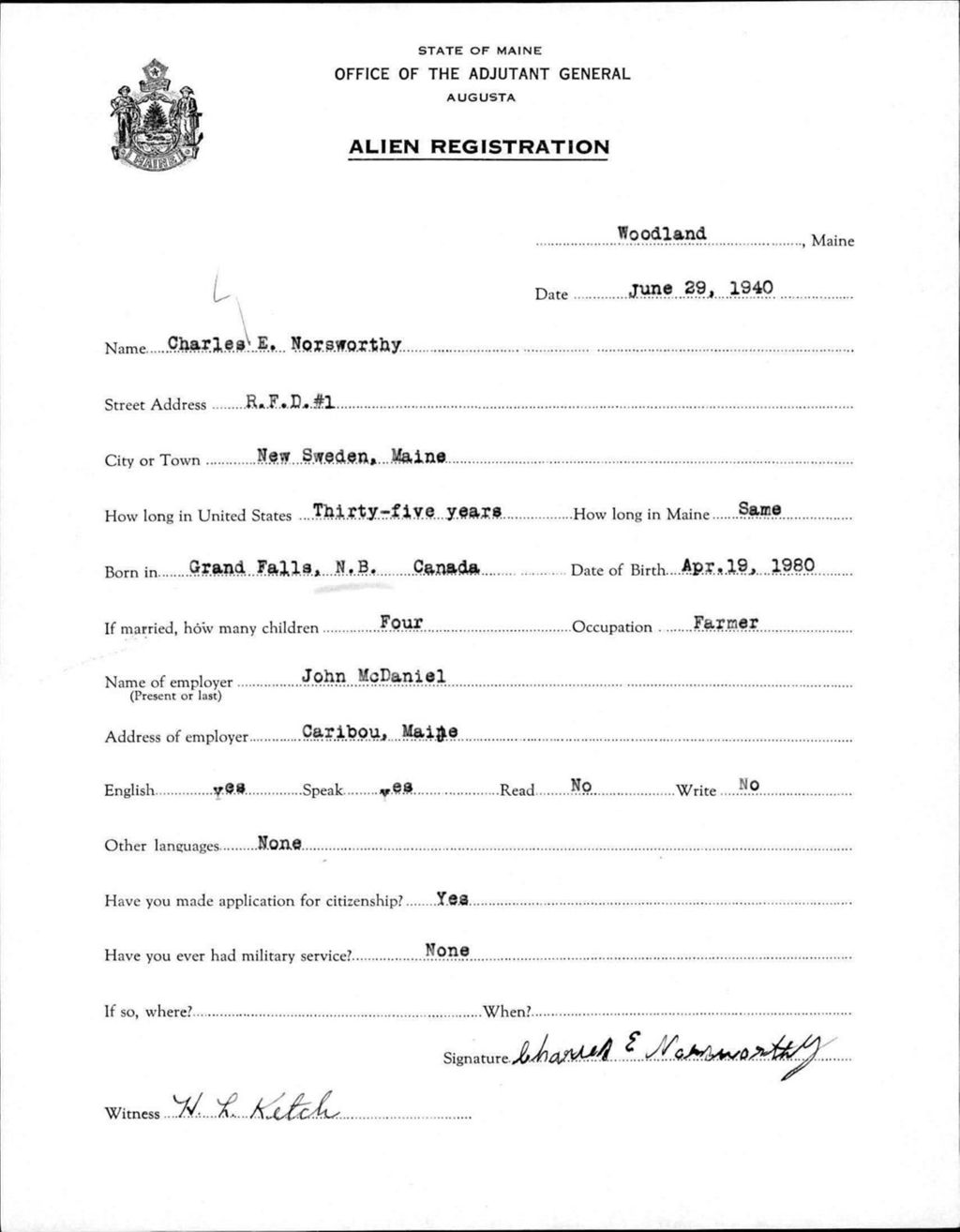 Miniature of Alien Registration- Norworthy, Charles E. (Wade, Aroostook County)