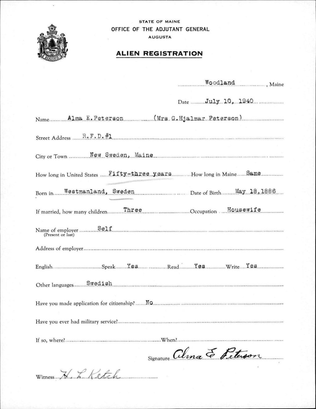 Miniature of Alien Registration- Peterson, Alma E. (Wade, Aroostook County)