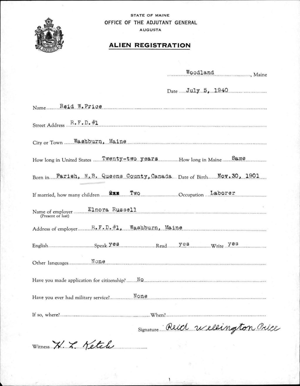 Miniature of Alien Registration- Price, Reid W. (Wade, Aroostook County)