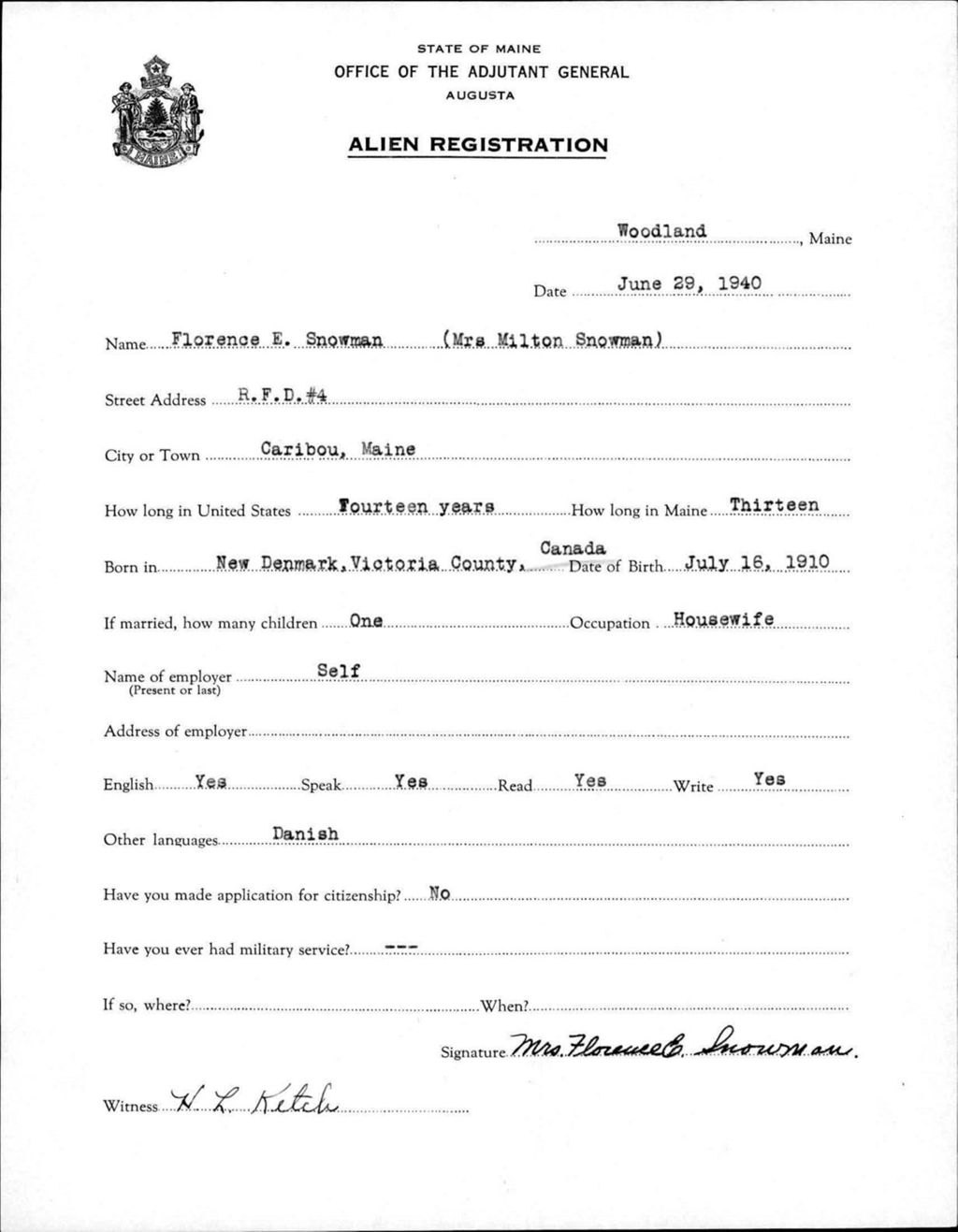 Miniature of Alien Registration- Snowman, Florence E. (Wade, Aroostook County)