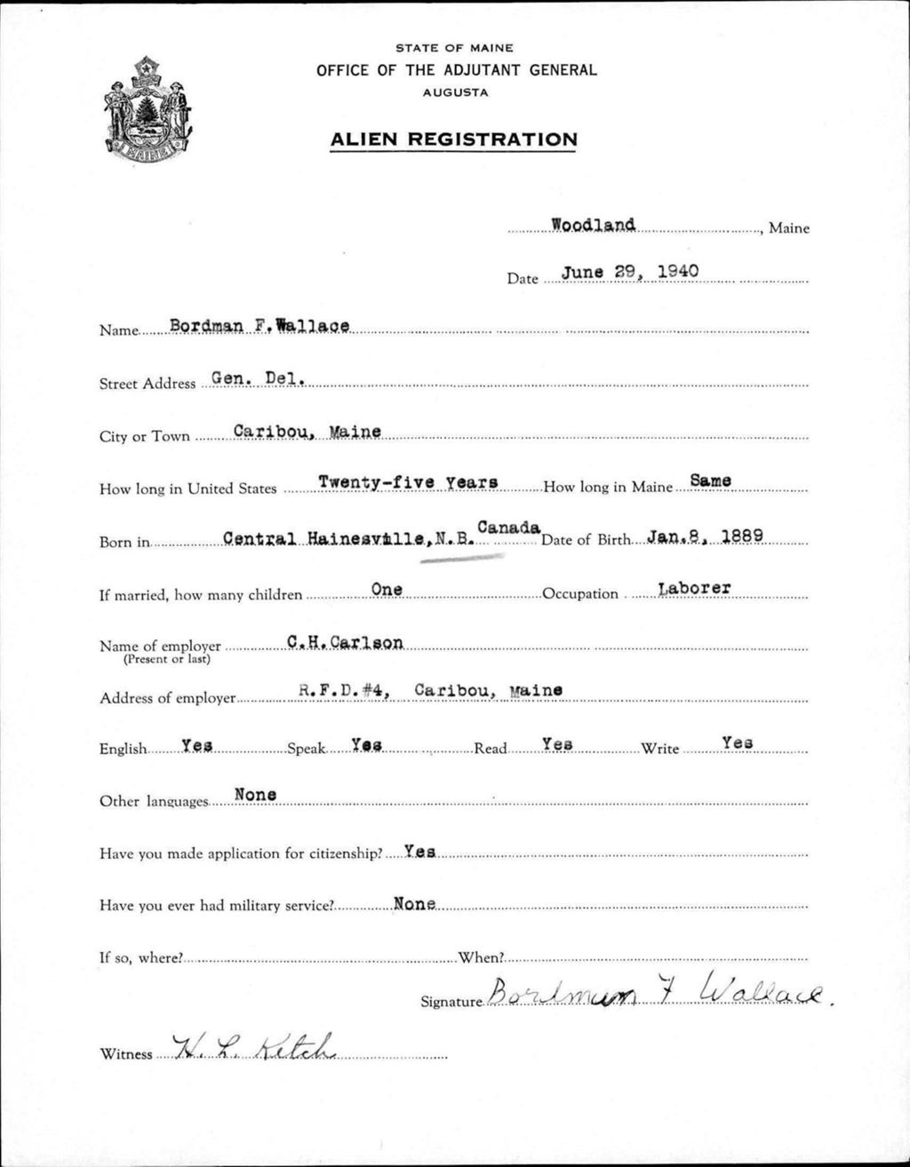 Miniature of Alien Registration- Wallace, Bordman F. (Wade, Aroostook County)