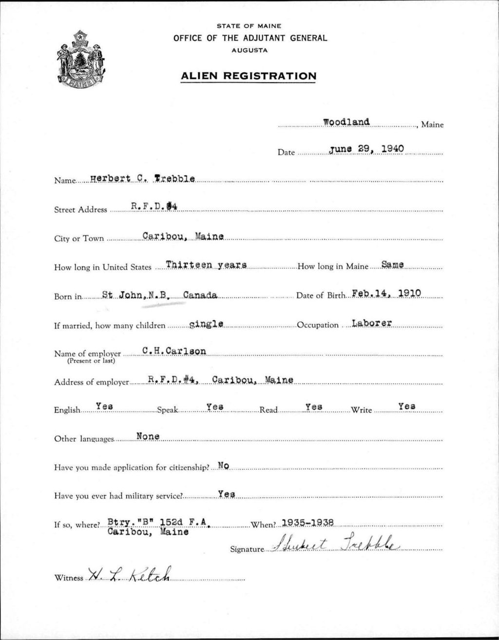 Miniature of Alien Registration- Trebble, Herbert C. (Wade, Aroostook County)