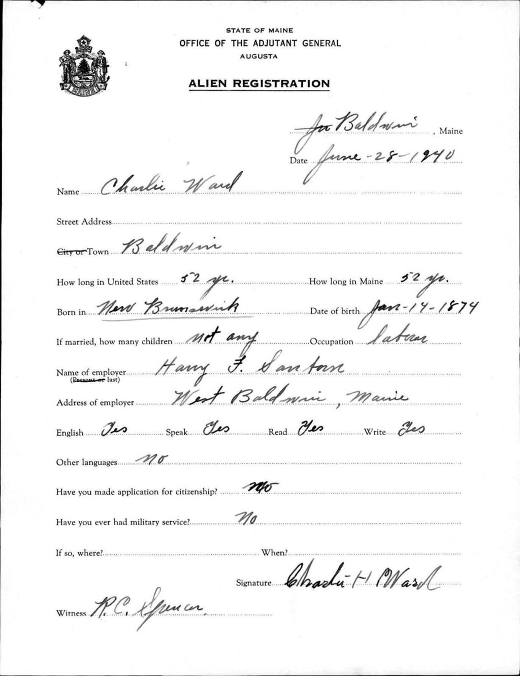 Miniature of Alien Registration- Ward, Charlie (Baldwin, Cumberland County)