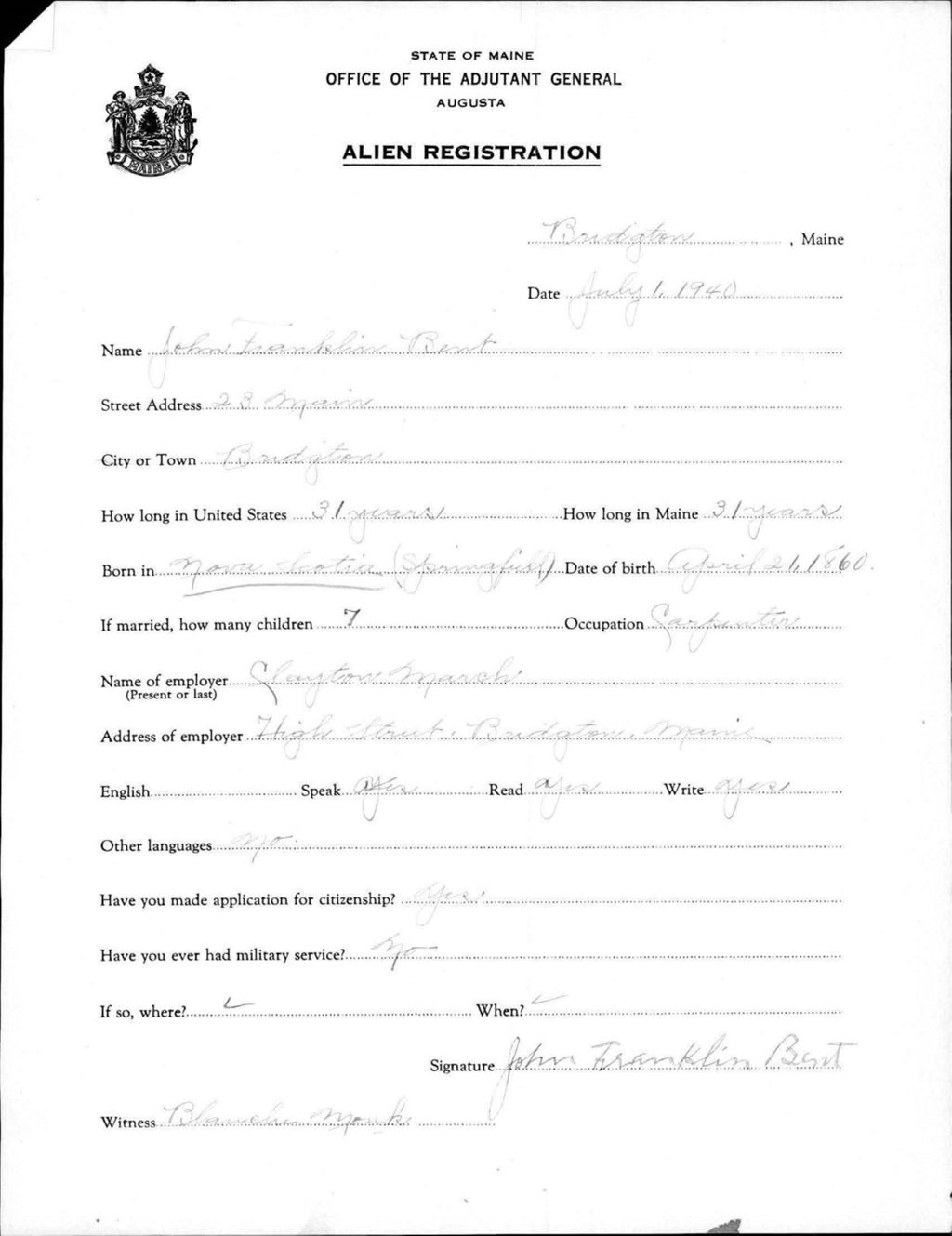 Miniature of Alien Registration- Bent, John F. (Baldwin, Cumberland County)