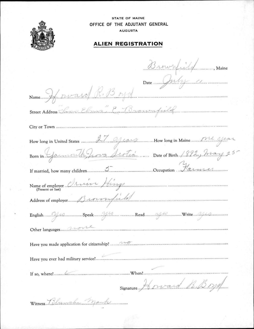 Miniature of Alien Registration- Boyd, Howard R. (Baldwin, Cumberland County)
