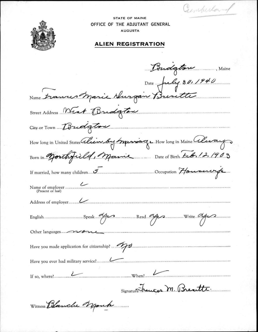 Miniature of Alien Registration- Durgin, Frances M. (Baldwin, Cumberland County)