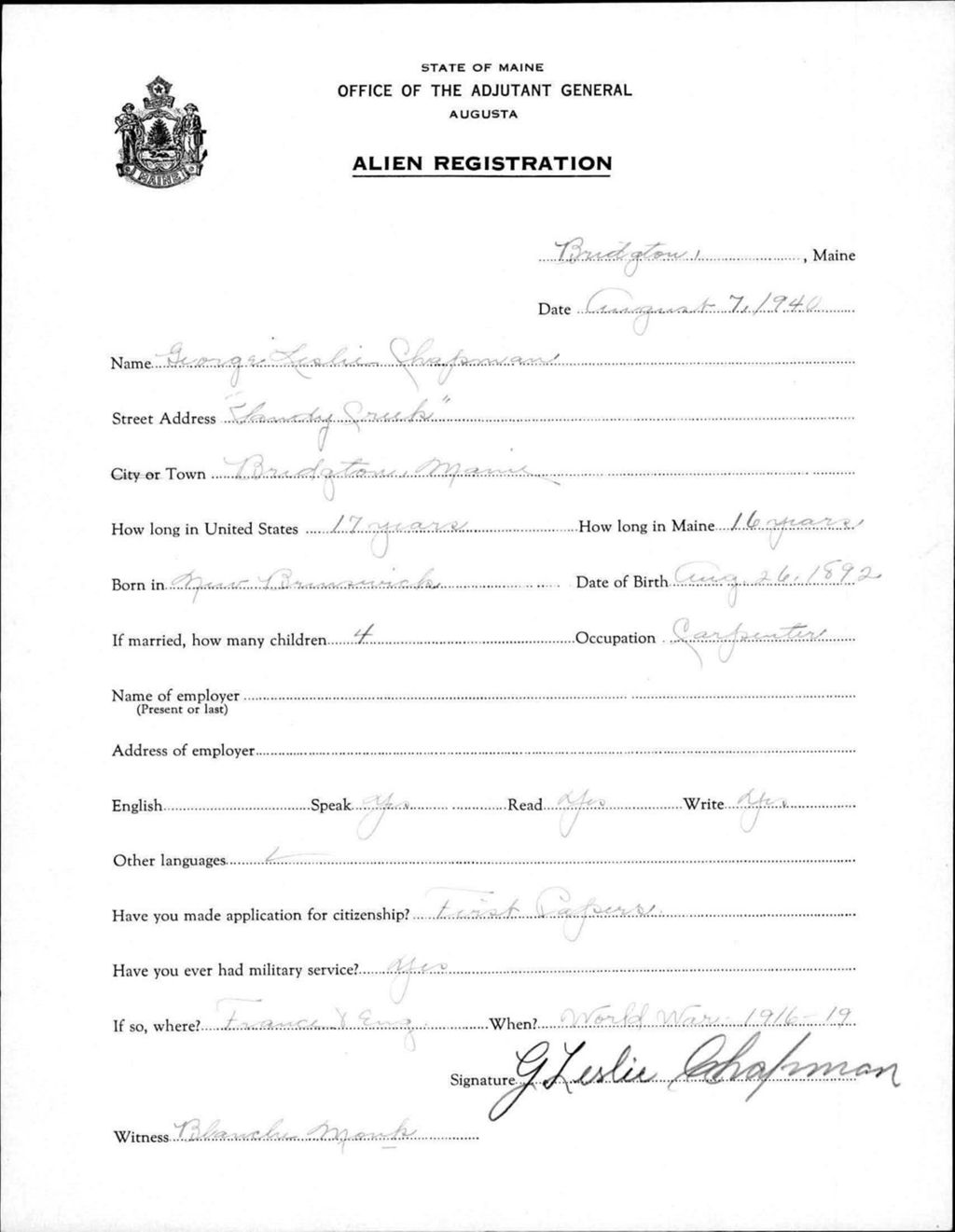 Miniature of Alien Registration- Chapman, George L. (Baldwin, Cumberland County)