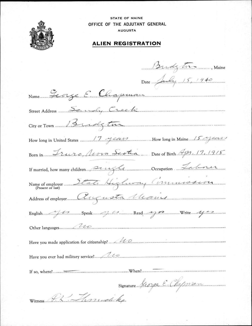 Miniature of Alien Registration- Chapman, George E. (Baldwin, Cumberland County)