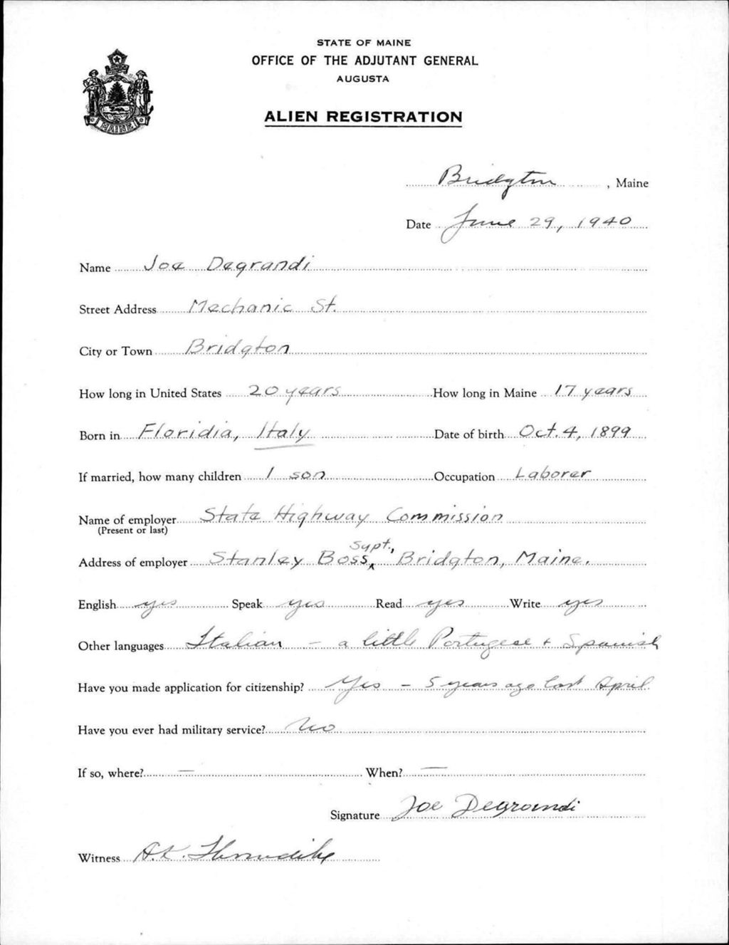 Miniature of Alien Registration- Degrandi, Joe (Baldwin, Cumberland County)